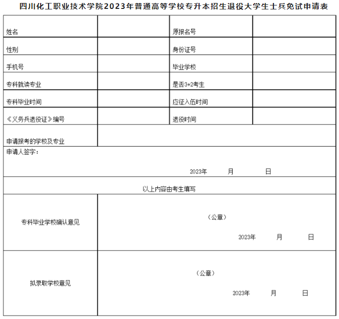 2023年四川化工职业技术学院统招专升本退役大学生士兵免试报名通知(图1)